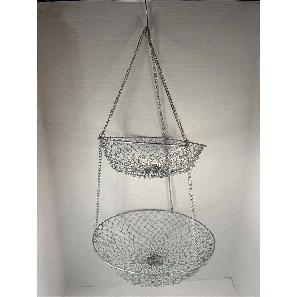 2-Tier Kitchen Hanging Fruit Basket Wire Hanging Collapsible Basket Read Vtg